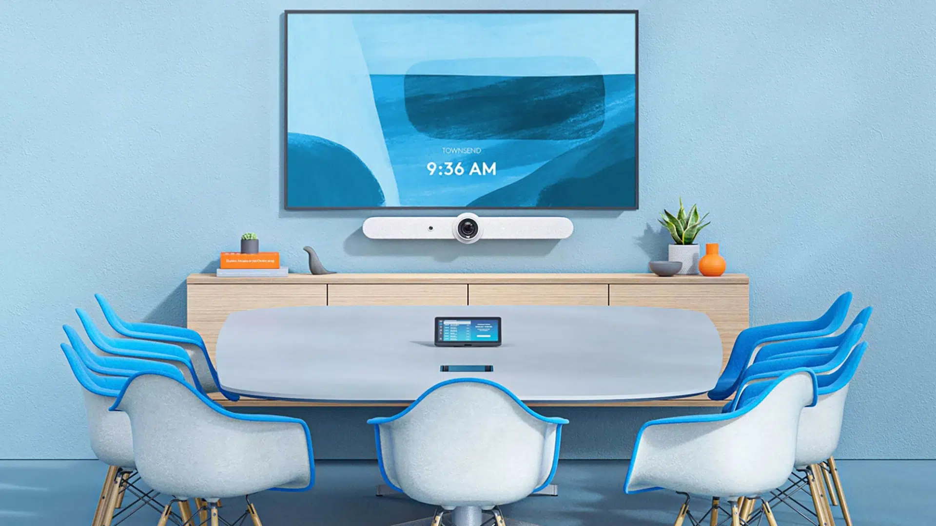Logitech Rally bar in a blue conference room
